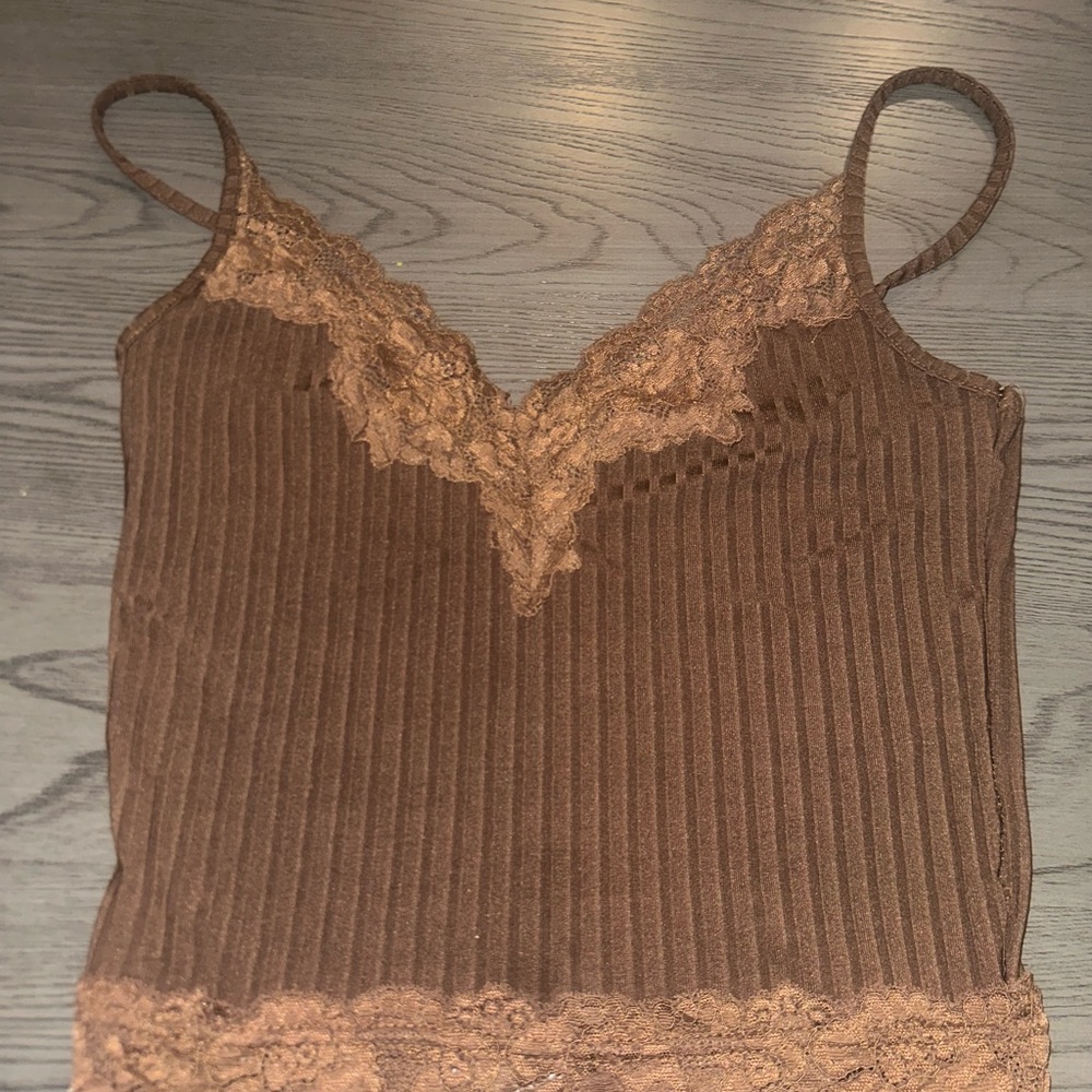 Brown Lace Trim Ribbed Women's Top